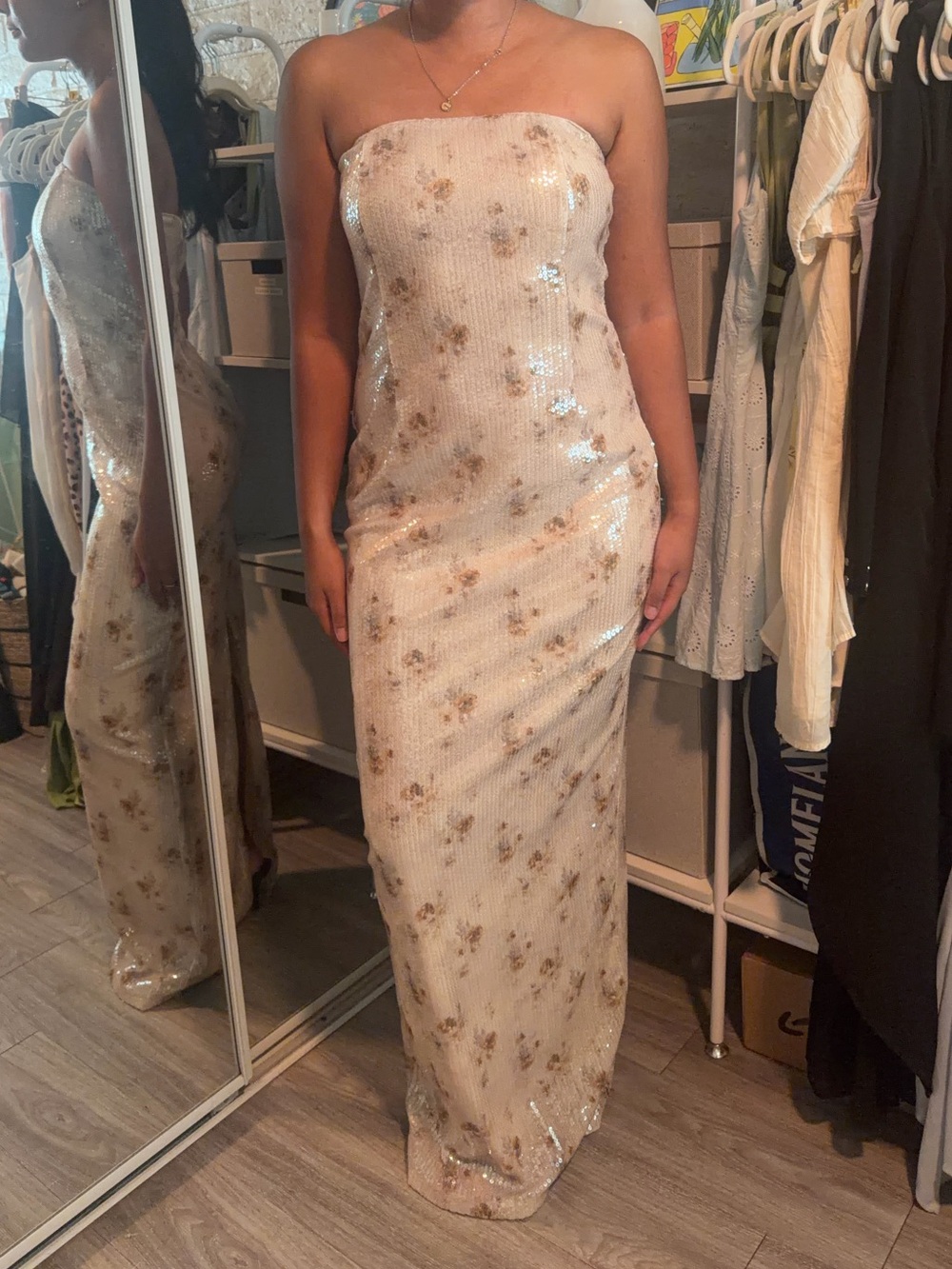 Lulu's Strapless Sequin Maxi Dress in Cream with Gold Floral